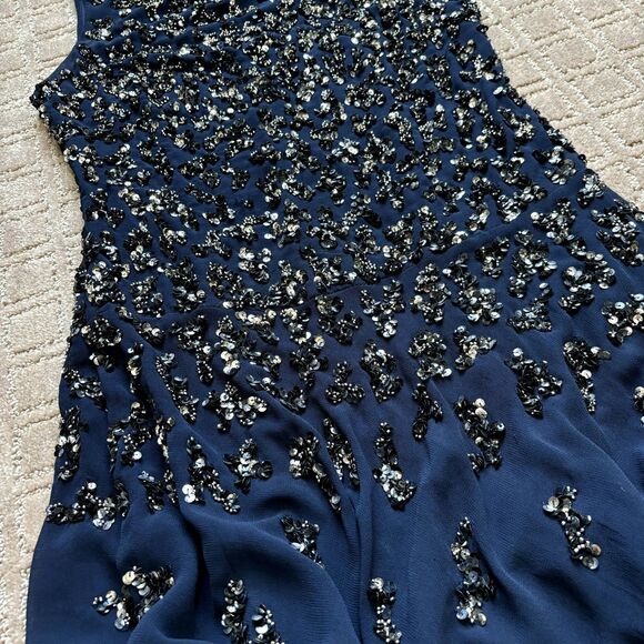 ADRIANNA PAPELL Sequin Beaded Dress 4 Navy Blue Sleeveless Cocktail Embellished - Picture 4 of 11